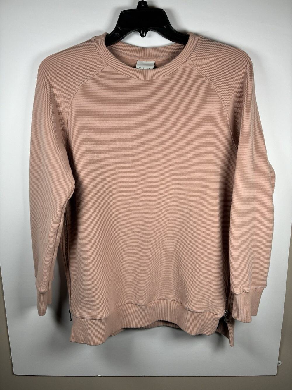 Varley Womens L Mae Ottoman Boyfriend Sweater Blush Pink Side Zip Ribbed Knit